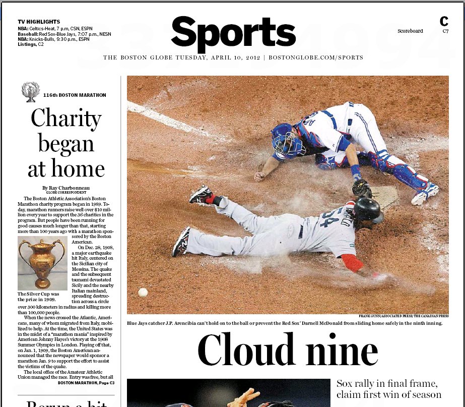 April 10, 2012 Boston Globe sports page